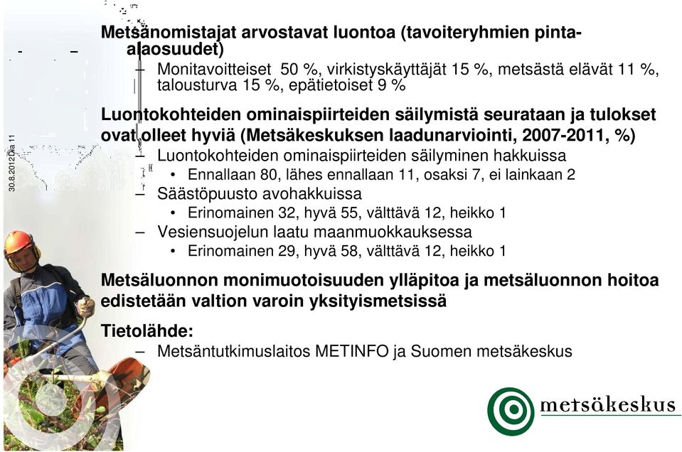 Ennallaan 80, lähes ennallaan 11, osaksi 7, ei lainkaan 2 Säästöpuusto avohakkuissa Erinomainen 32, hyvä 55, välttävä 12, heikko 1 Vesiensuojelun laatu maanmuokkauksessa Erinomainen 29, hyvä