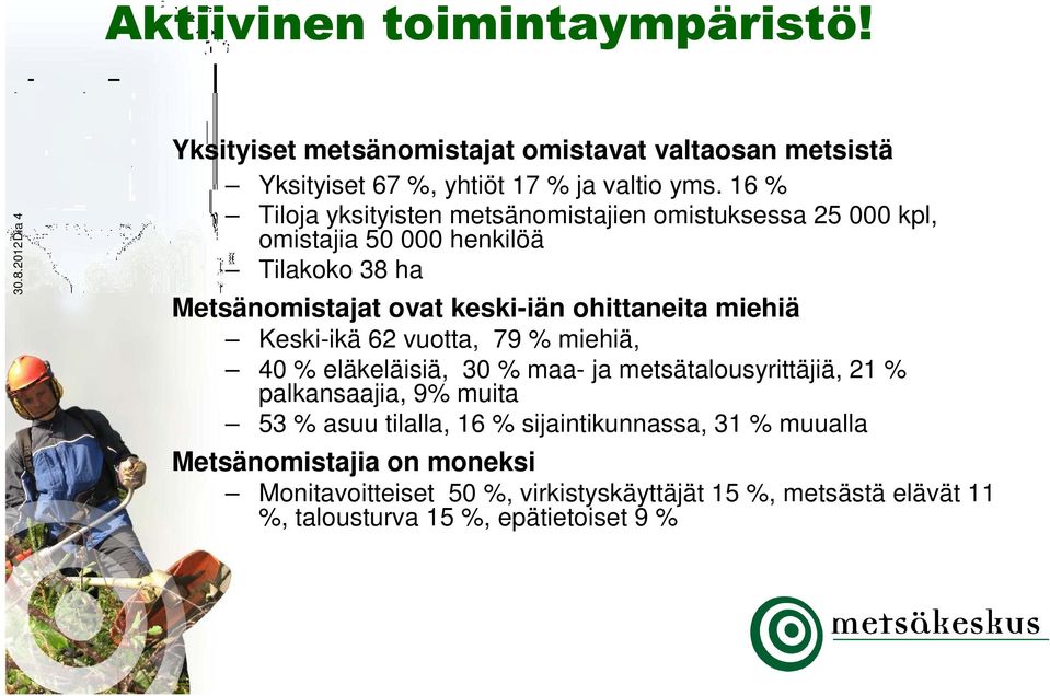 miehiä Keski-ikä 62 vuotta, 79 % miehiä, 40 % eläkeläisiä, 30 % maa- ja metsätalousyrittäjiä, 21 % palkansaajia, 9% muita 53 % asuu tilalla, 16 %