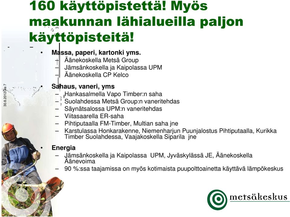 vaneritehdas Säynätsalossa UPM:n vaneritehdas Viitasaarella ER-saha Pihtiputaalla FM-Timber, Multian saha jne Karstulassa Honkarakenne, Niemenharjun Puunjalostus