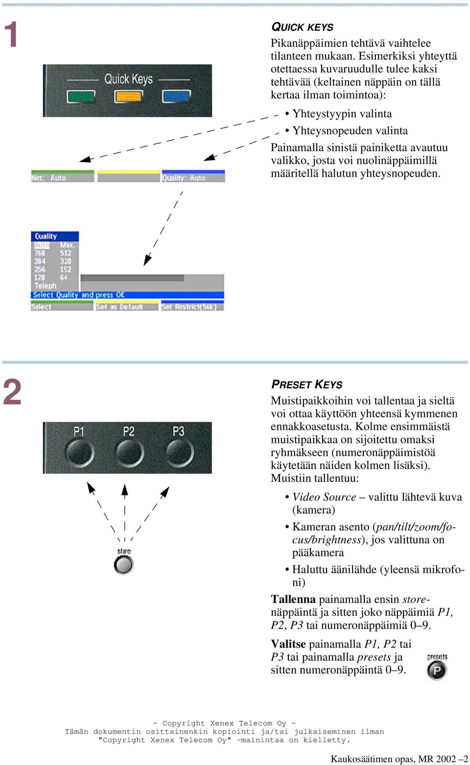 avautuu valikko, josta voi nuolinäppäimillä määritellä halutun yhteysnopeuden. 2 PRESET KEYS Muistipaikkoihin voi tallentaa ja sieltä voi ottaa käyttöön yhteensä kymmenen ennakkoasetusta.