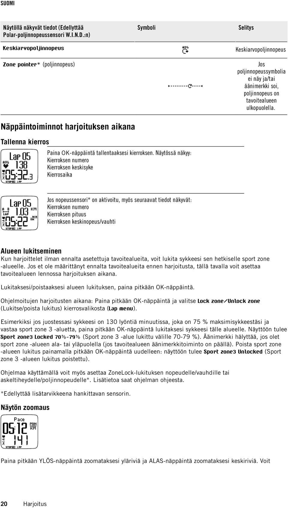 Näppäintoiminnot harjoituksen aikana Tallenna kierros Paina OK-näppäintä tallentaaksesi kierroksen.