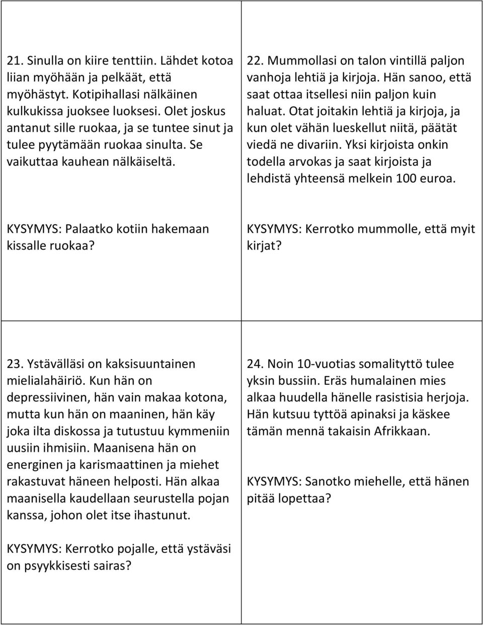 Hän sanoo, että saat ottaa itsellesi niin paljon kuin haluat. Otat joitakin lehtiä ja kirjoja, ja kun olet vähän lueskellut niitä, päätät viedä ne divariin.