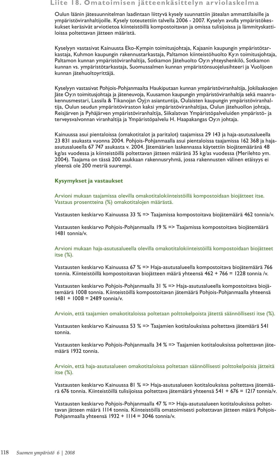 Kyselyn avulla ympäristökeskukset keräsivät arviotietoa kiinteistöillä kompostoitavan ja omissa tulisijoissa ja lämmityskattiloissa poltettavan jätteen määristä.