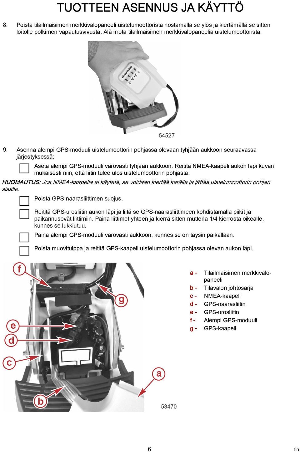 Reititä NMEA-kpeli ukon läpi kuvn mukisesti niin, että liitin tulee ulos uistelumoottorin pohjst.