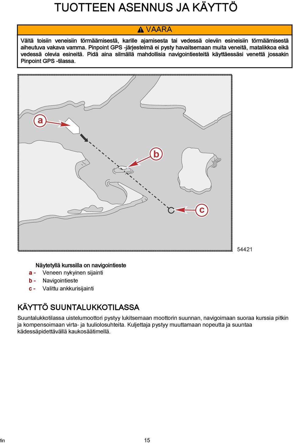 Pidä in silmällä mhdollisi nvigointiesteitä käyttäessäsi venettä josskin Pinpoint GPS -tilss.