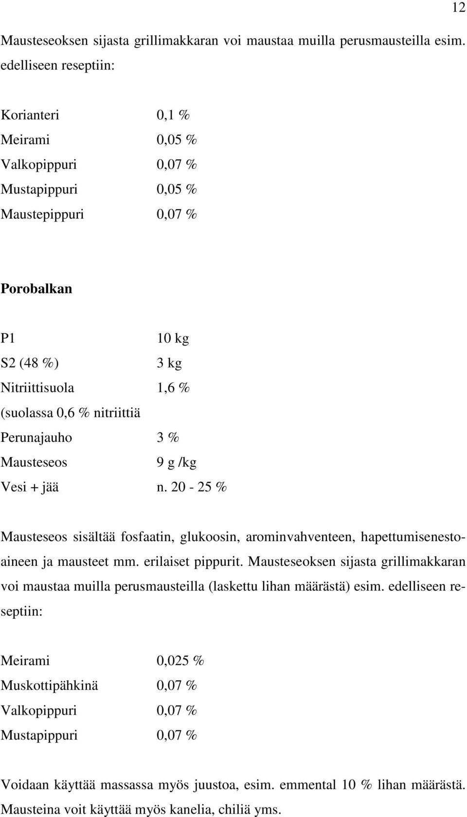 nitriittiä Perunajauho 3 % Mausteseos 9 g /kg Vesi + jää n. 20-25 % Mausteseos sisältää fosfaatin, glukoosin, arominvahventeen, hapettumisenestoaineen ja mausteet mm. erilaiset pippurit.
