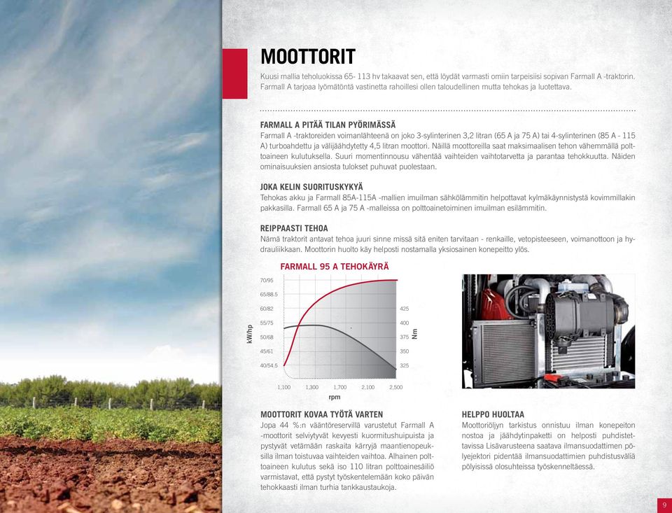 FARMALL A PITÄÄ TILAN PYÖRIMÄSSÄ Farmall A -traktoreiden voimanlähteenä on joko 3-sylinterinen 3,2 litran (65 A ja 75 A) tai 4-sylinterinen (85 A - 115 A) turboahdettu ja välijäähdytetty 4,5 litran