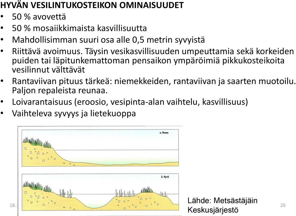 Täysin vesikasvillisuuden umpeuttamia sekä korkeiden puiden tai läpitunkemattoman pensaikon ympäröimiä pikkukosteikoita vesilinnut