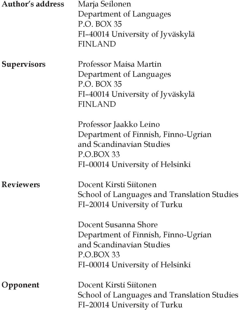 Helsinki Reviewers Docent Kirsti Siitonen School of Languages and Translation Studies FI 20014 University of Turku Docent Susanna Shore Department of Finnish,