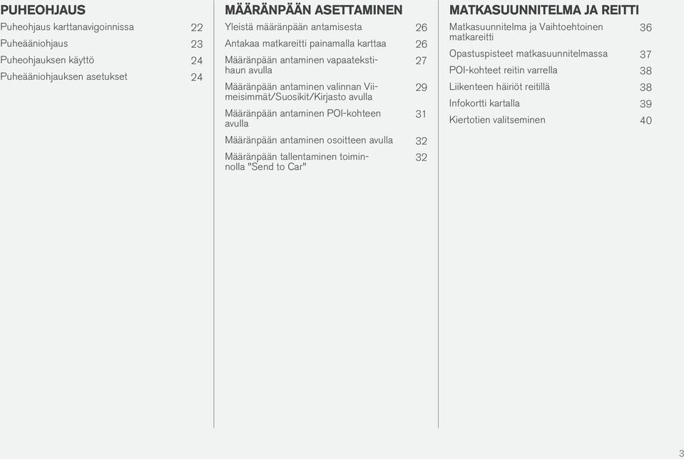POI-kohteen avulla 27 29 31 Määränpään antaminen osoitteen avulla 32 Määränpään tallentaminen toiminnolla "Send to Car" 32 MATKASUUNNITELMA JA REITTI Matkasuunnitelma ja