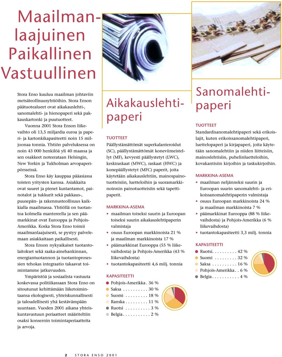 Vuonna 2001 Stora Enson liikevaihto oli 13,5 miljardia euroa ja paperi- ja kartonkikapasiteetti noin 15 miljoonaa tonnia.