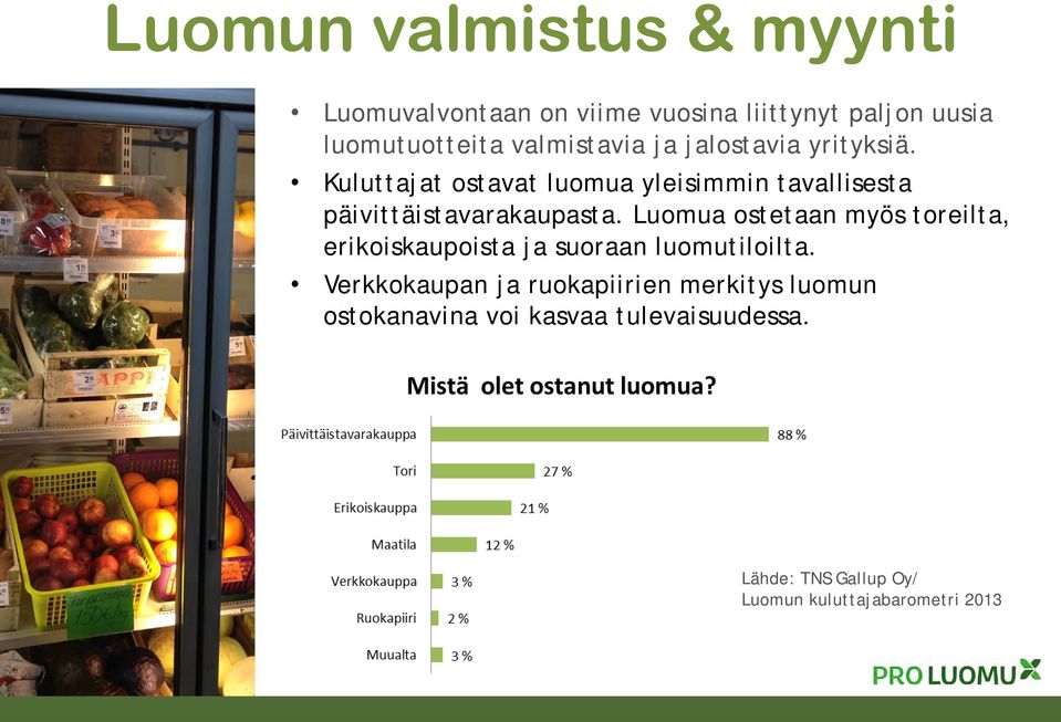 Kuluttajat ostavat luomua yleisimmin tavallisesta päivittäistavarakaupasta.