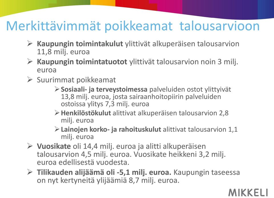 euroa Henkilöstökulut alittivat alkuperäisen talousarvion 2,8 milj. euroa Lainojen korko- ja rahoituskulut alittivat talousarvion 1,1 milj. euroa Vuosikate oli 14,4 milj.