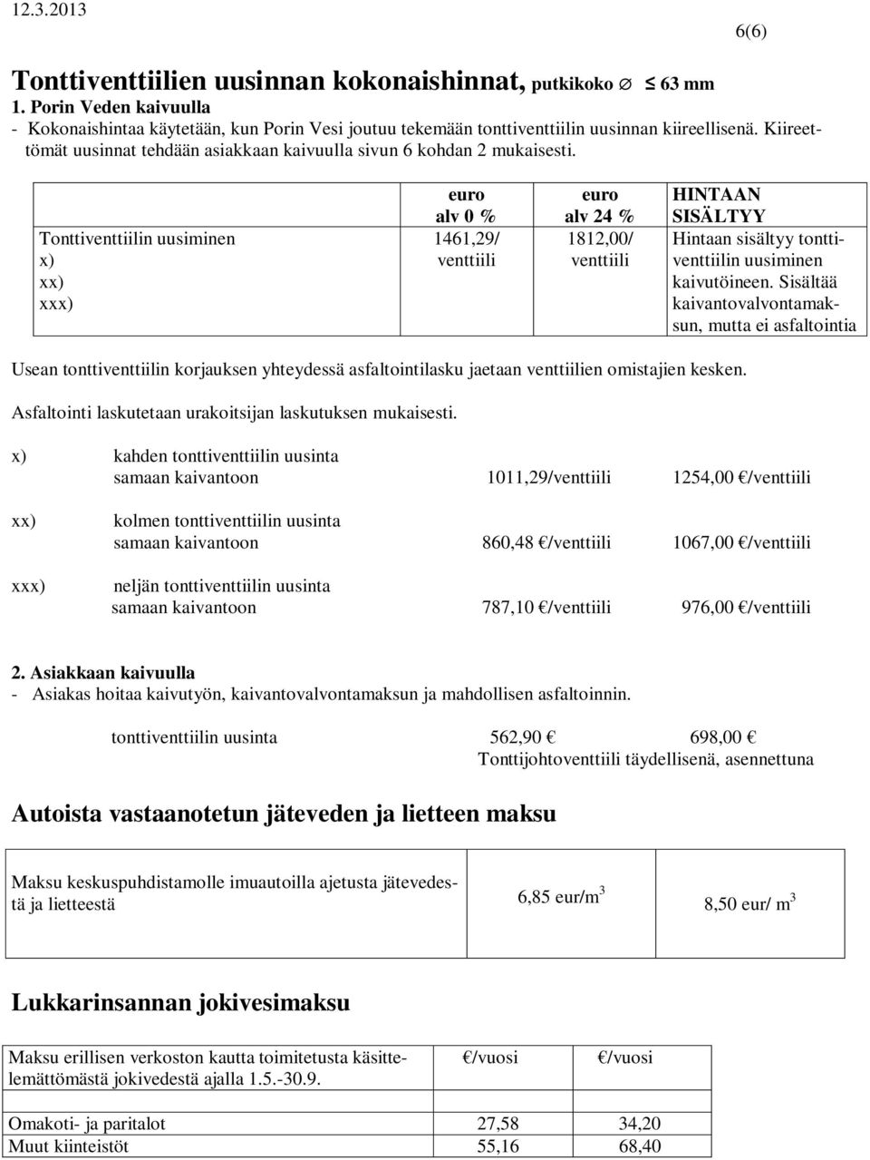 Tonttiventtiilin uusiminen x) xx) xxx) 1461,29/ venttiili 1812,00/ venttiili HINTAAN SISÄLTYY Hintaan sisältyy tonttiventtiilin uusiminen kaivutöineen.