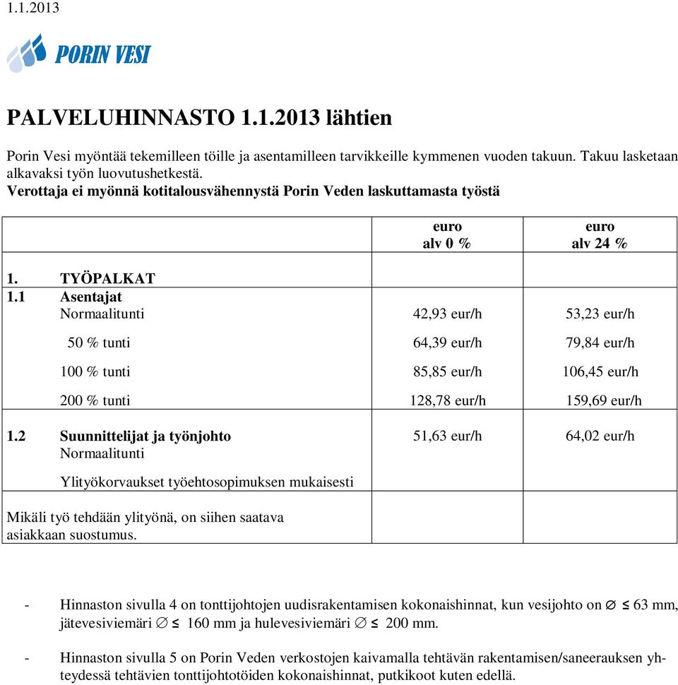 1 Asentajat Normaalitunti 50 % tunti 100 % tunti 200 % tunti 42,93 eur/h 64,39 eur/h 85,85 eur/h 128,78 eur/h 53,23 eur/h 79,84 eur/h 106,45 eur/h 159,69 eur/h 1.