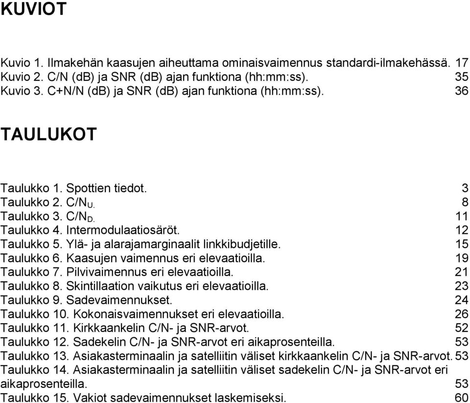 Ylä- ja alarajamarginaalit linkkibudjetille. 5 Taulukko 6. Kaasujen vaimennus eri elevaatioilla. 9 Taulukko 7. Pilvivaimennus eri elevaatioilla. 2 Taulukko 8.