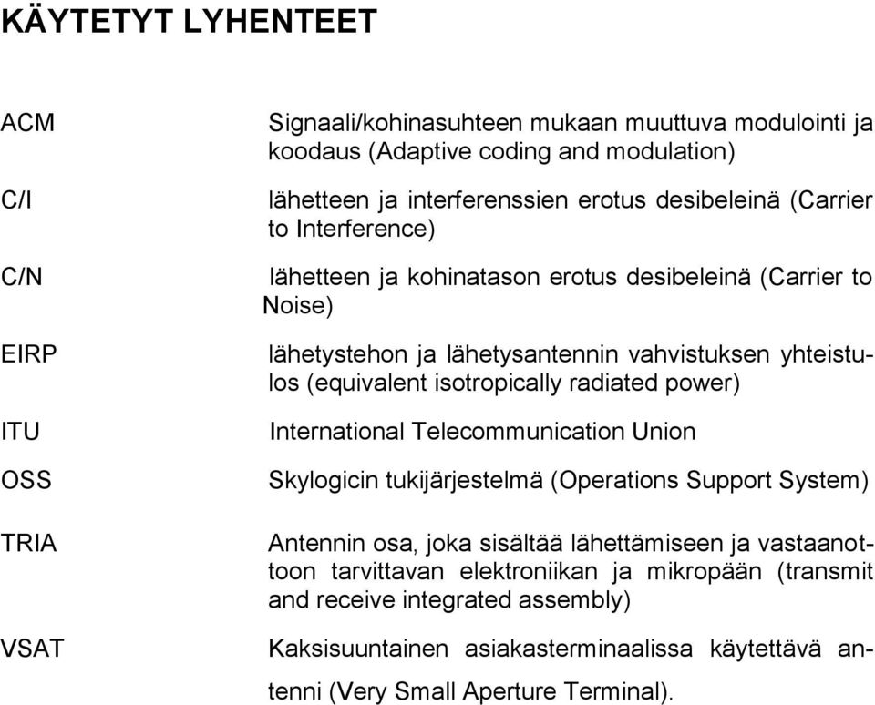 isotropically radiated power) International Telecommunication Union Skylogicin tukijärjestelmä (Operations Support System) Antennin osa, joka sisältää lähettämiseen ja