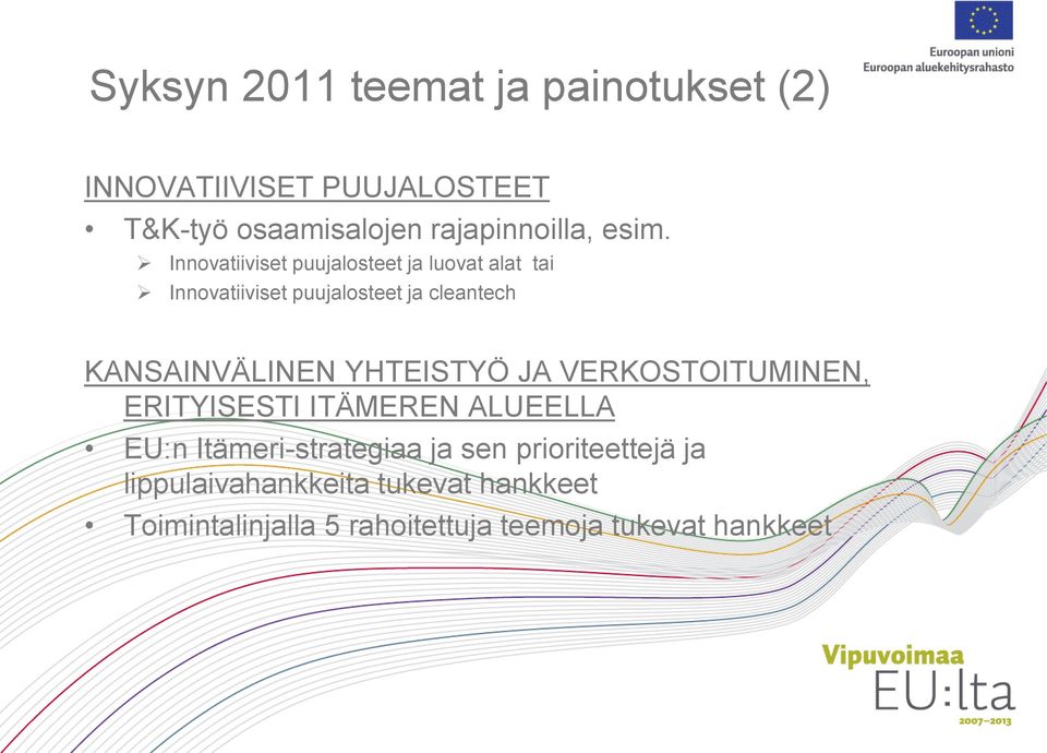 KANSAINVÄLINEN YHTEISTYÖ JA VERKOSTOITUMINEN, ERITYISESTI ITÄMEREN ALUEELLA EU:n Itämeri-strategiaa ja