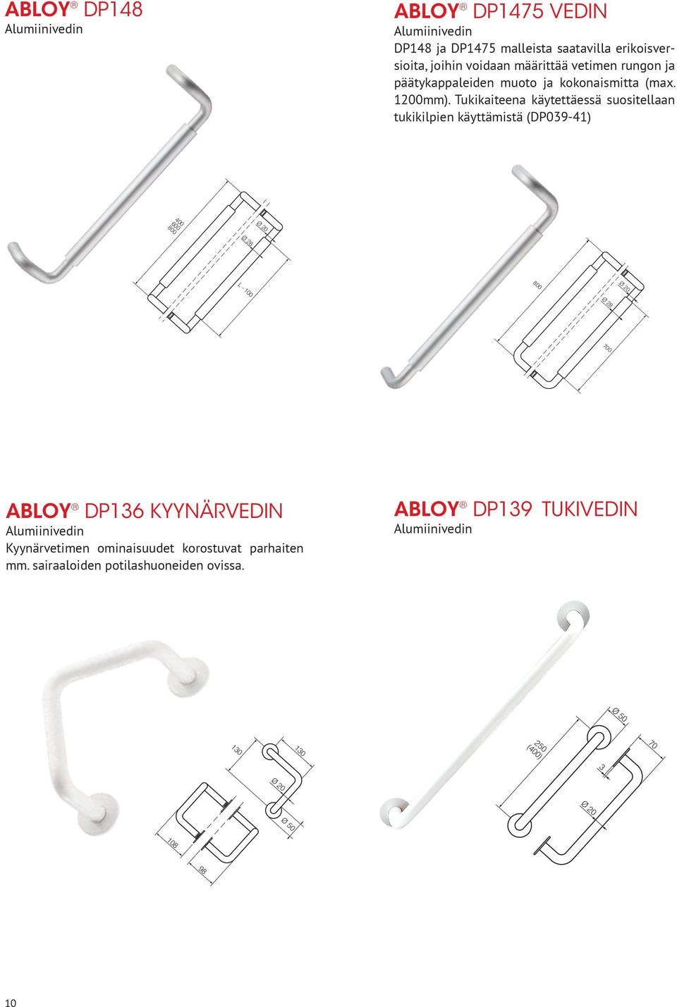 Tukikaiteena käytettäessä suositellaan tukikilpien käyttämistä (DP039-41) Mitat_measures_Vedin_pull_DP148 600 800 Ø 20 Mitat_measures_Vedin_pull_DP1475 L - 100 84 Ø 28 69 79