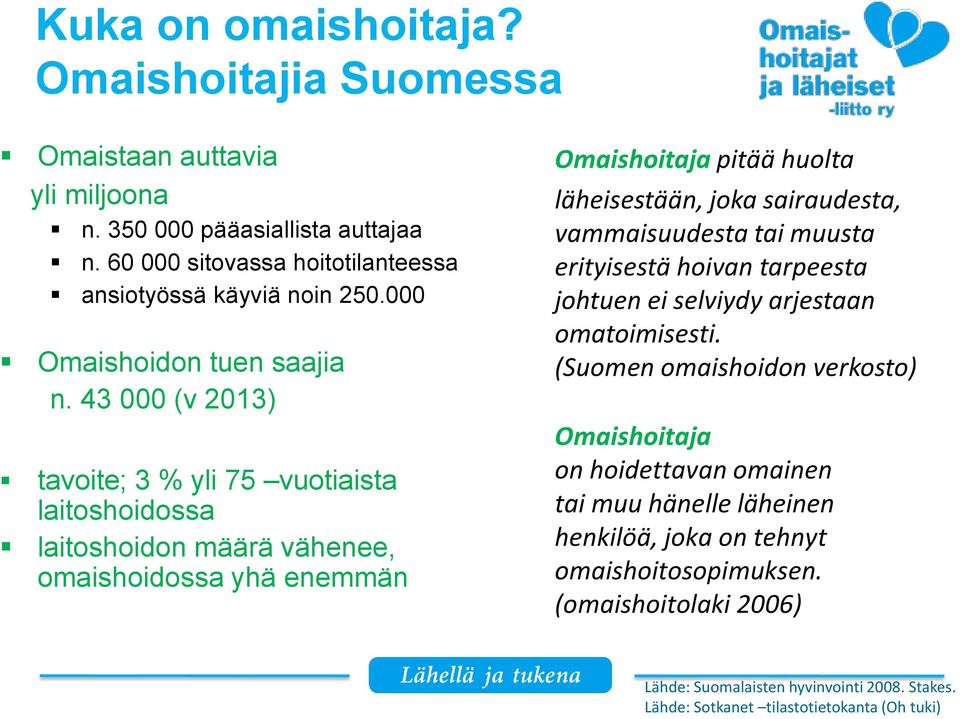 43 000 (v 2013) tavoite; 3 % yli 75 vuotiaista laitoshoidossa laitoshoidon määrä vähenee, omaishoidossa yhä enemmän Omaishoitaja pitää huolta läheisestään, joka sairaudesta,