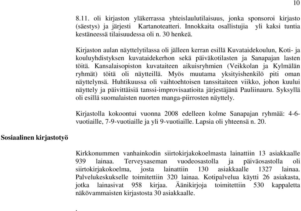Kansalaisopiston kuvataiteen aikuisryhmien (Veikkolan ja Kylmälän ryhmät) töitä oli näytteillä. Myös muutama yksityishenkilö piti oman näyttelynsä.