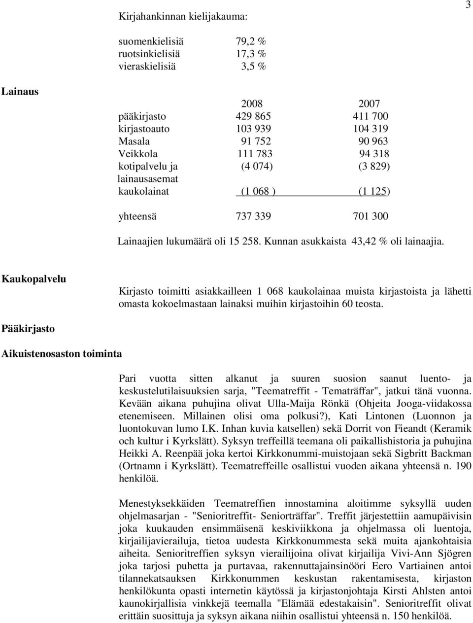 Kaukopalvelu Kirjasto toimitti asiakkailleen 1 068 kaukolainaa muista kirjastoista ja lähetti omasta kokoelmastaan lainaksi muihin kirjastoihin 60 teosta.