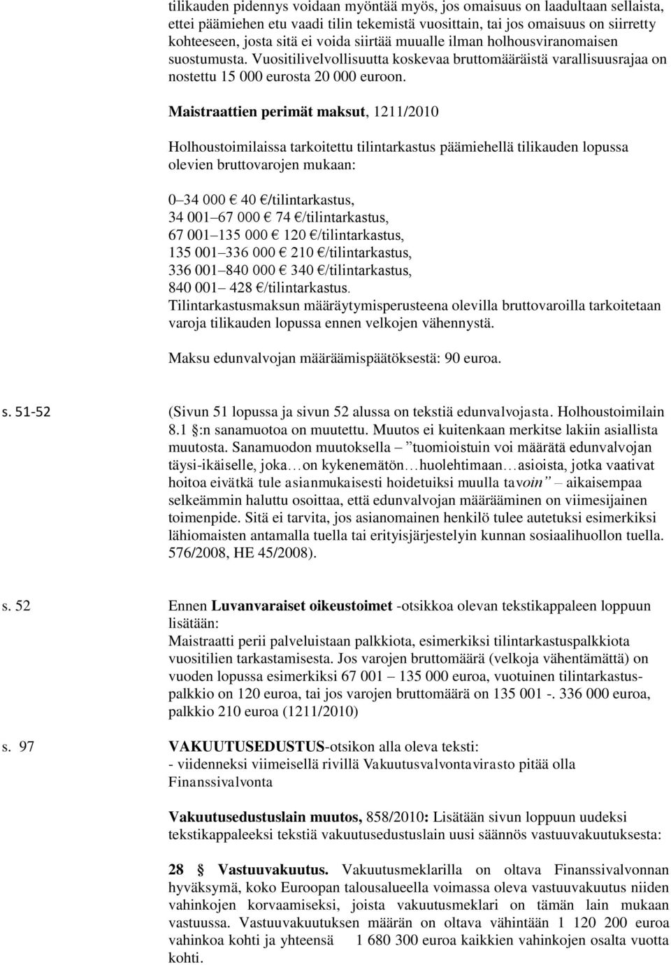 Maistraattien perimät maksut, 1211/2010 Holhoustoimilaissa tarkoitettu tilintarkastus päämiehellä tilikauden lopussa olevien bruttovarojen mukaan: 0 34 000 40 /tilintarkastus, 34 001 67 000 74