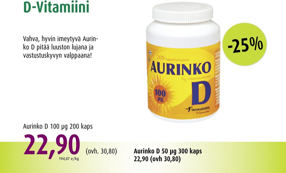 -25% Aurinko D 100 µg 200 kaps 22,90 (ovh.