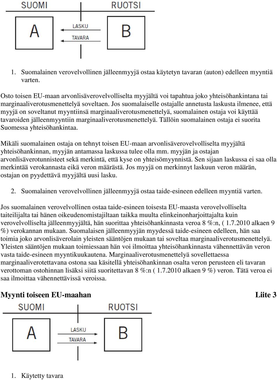 Jos suomalaiselle ostajalle annetusta laskusta ilmenee, että myyjä on soveltanut myyntiinsä marginaaliverotusmenettelyä, suomalainen ostaja voi käyttää tavaroiden jälleenmyyntiin