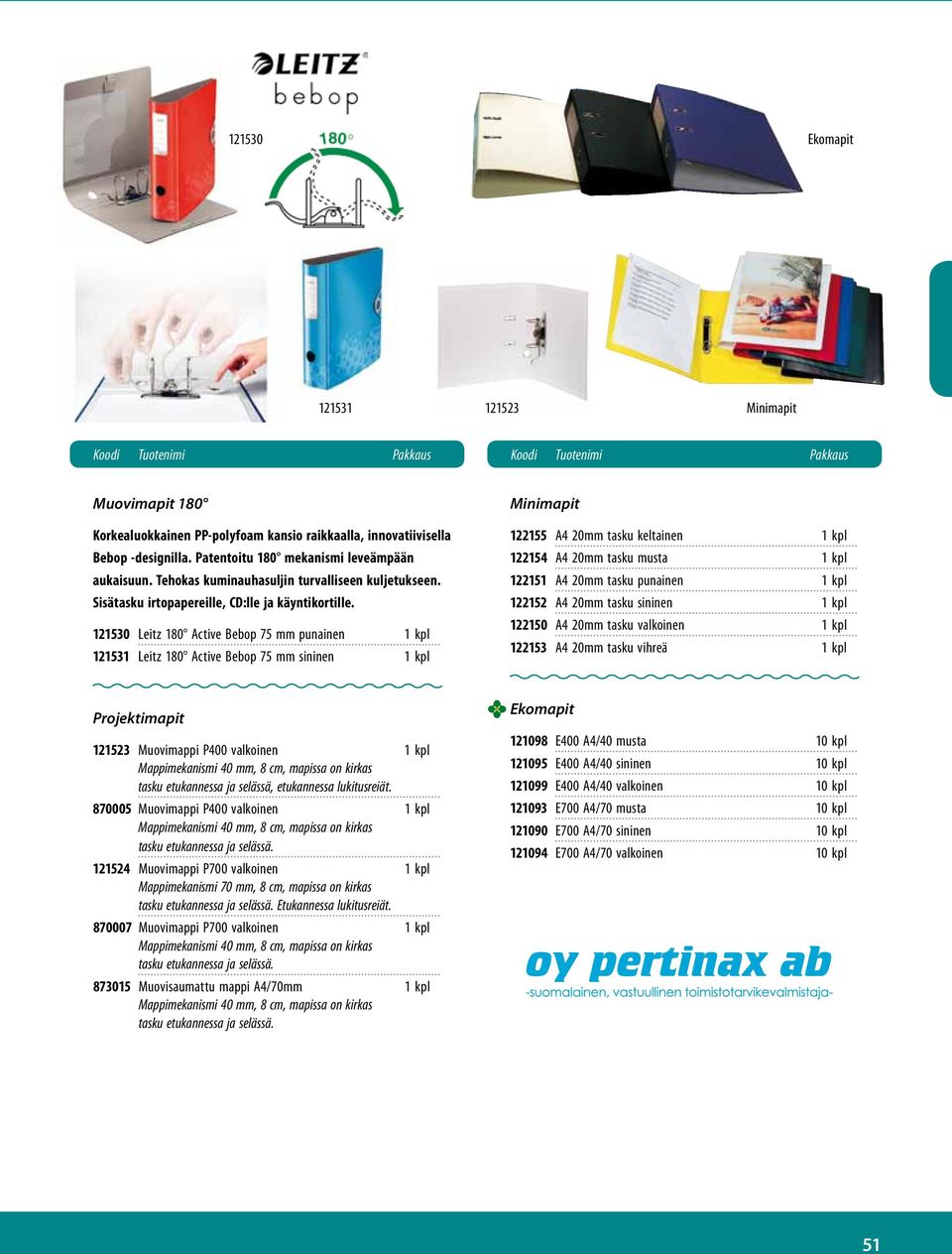 121530 Leitz 180 Active Bebop 75 mm punainen 1 kpl 121531 Leitz 180 Active Bebop 75 mm sininen 1 kpl Minimapit 122155 A4 20mm tasku keltainen 1 kpl 122154 A4 20mm tasku musta 1 kpl 122151 A4 20mm