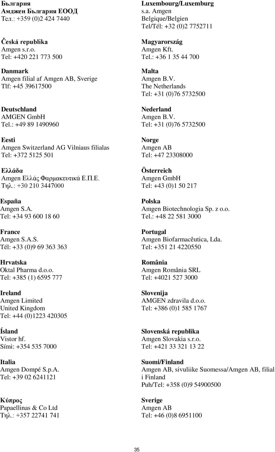 o.o. Tel: +385 (1) 6595 777 Ireland Amgen Limited United Kingdom Tel: +44 (0)1223 420305 Ísland Vistor hf. Sími: +354 535 7000 Italia Amgen Dompé S.p.A. Tel: +39 02 6241121 Kύπρος Papaellinas & Co Ltd Τηλ.