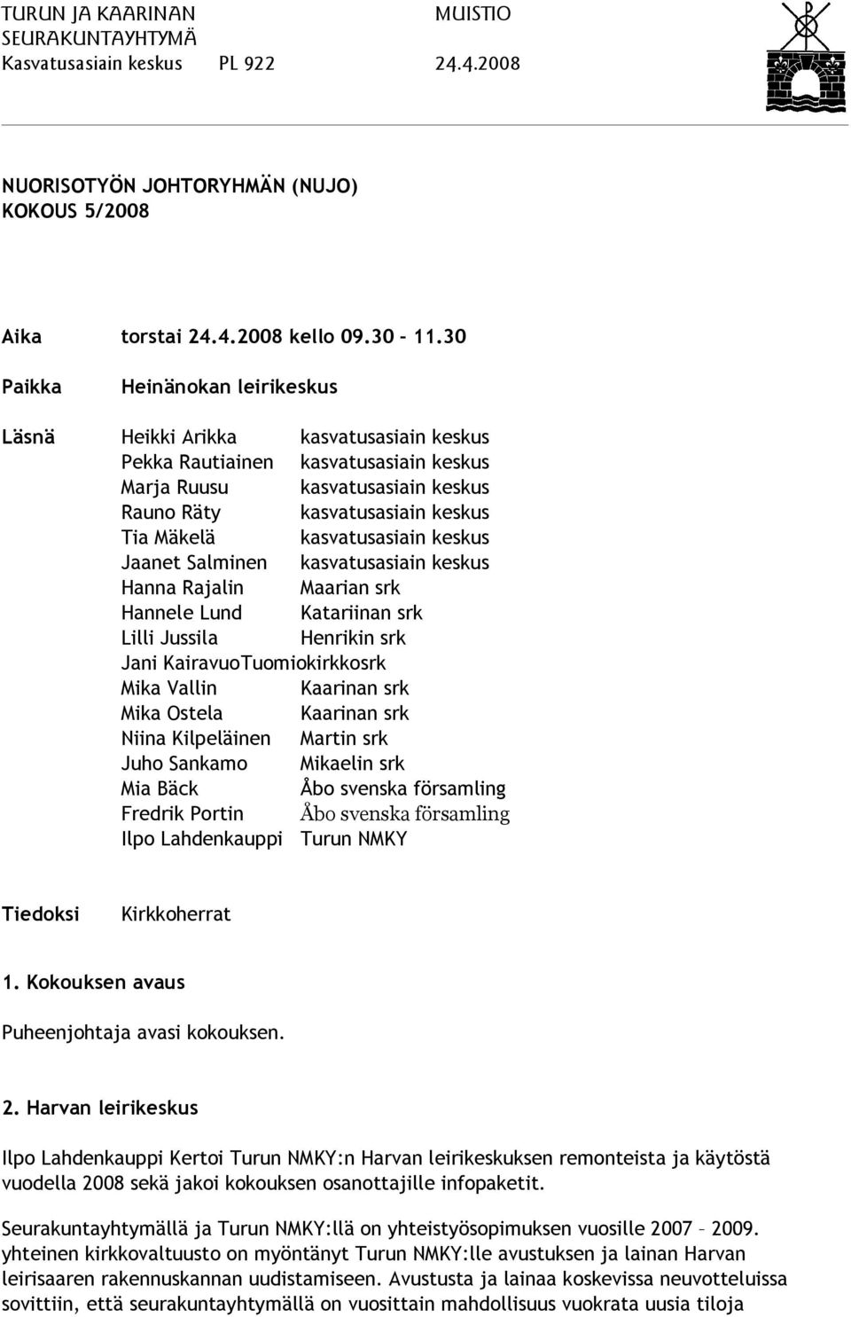 kasvatusasiain keskus Jaanet Salminen kasvatusasiain keskus Hanna Rajalin Maarian srk Hannele Lund Katariinan srk Lilli Jussila Henrikin srk Jani Kairavuo Tuomiokirkkosrk Mika Vallin Kaarinan srk