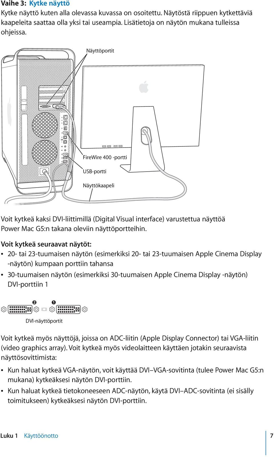 Voit kytkeä seuraavat näytöt: Â 20- tai 23-tuumaisen näytön (esimerkiksi 20- tai 23-tuumaisen Apple Cinema Display -näytön) kumpaan porttiin tahansa Â 30-tuumaisen näytön (esimerkiksi 30-tuumaisen