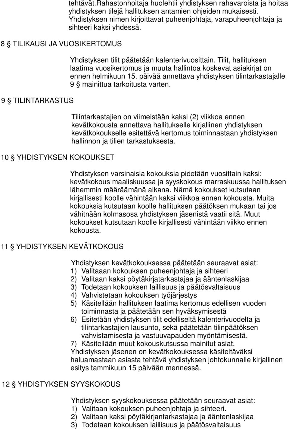 Yhdistyksen nimen kirjoittavat puheenjohtaja, varapuheenjohtaja ja sihteeri kaksi yhdessä. Yhdistyksen tilit päätetään kalenterivuosittain.