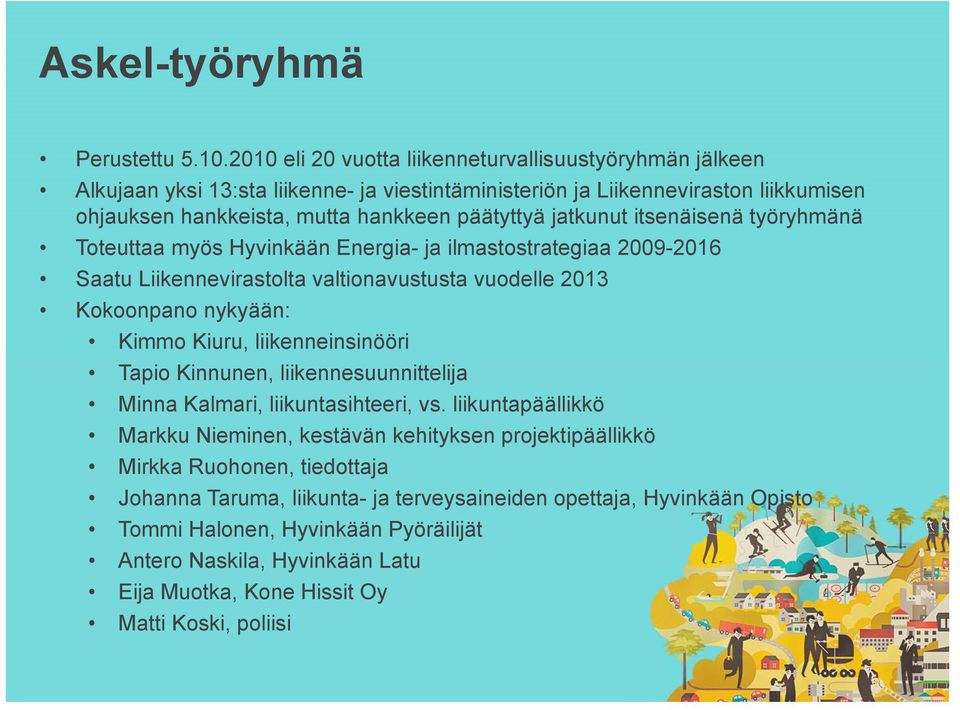 jatkunut itsenäisenä työryhmänä Toteuttaa myös Hyvinkään Energia- ja ilmastostrategiaa 2009-2016 Saatu Liikennevirastolta valtionavustusta vuodelle 2013 Kokoonpano nykyään: Kimmo Kiuru,