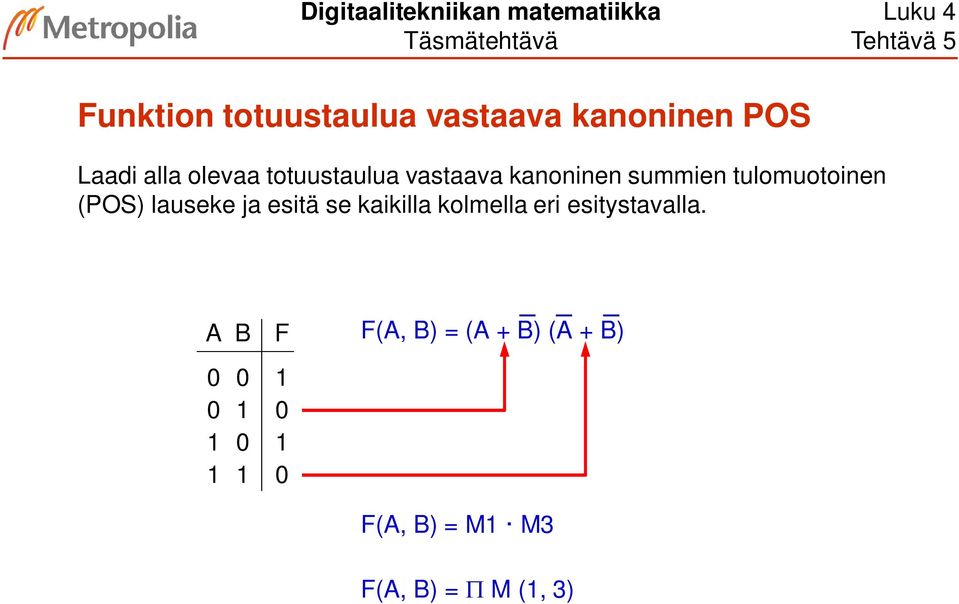 kanoninen summien tulomuotoinen (POS) lauseke ja esitä se kaikilla kolmella