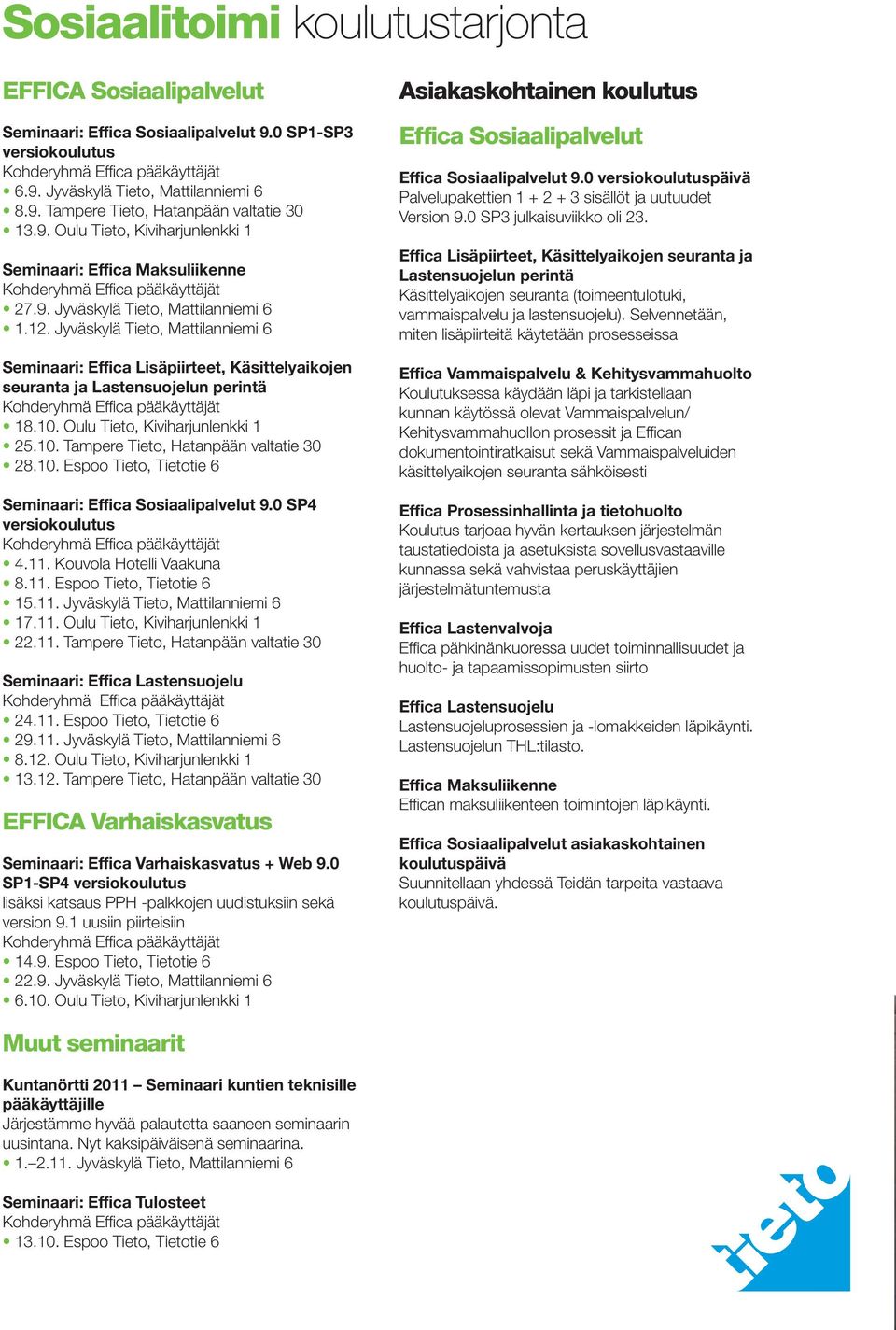 Jyväskylä Tieto, Mattilanniemi 6 Seminaari: Effica Lisäpiirteet, Käsittelyaikojen seuranta ja Lastensuojelun perintä Kohderyhmä Effica pääkäyttäjät 18.10. Oulu Tieto, Kiviharjunlenkki 1 25.10. Tampere Tieto, Hatanpään valtatie 30 28.