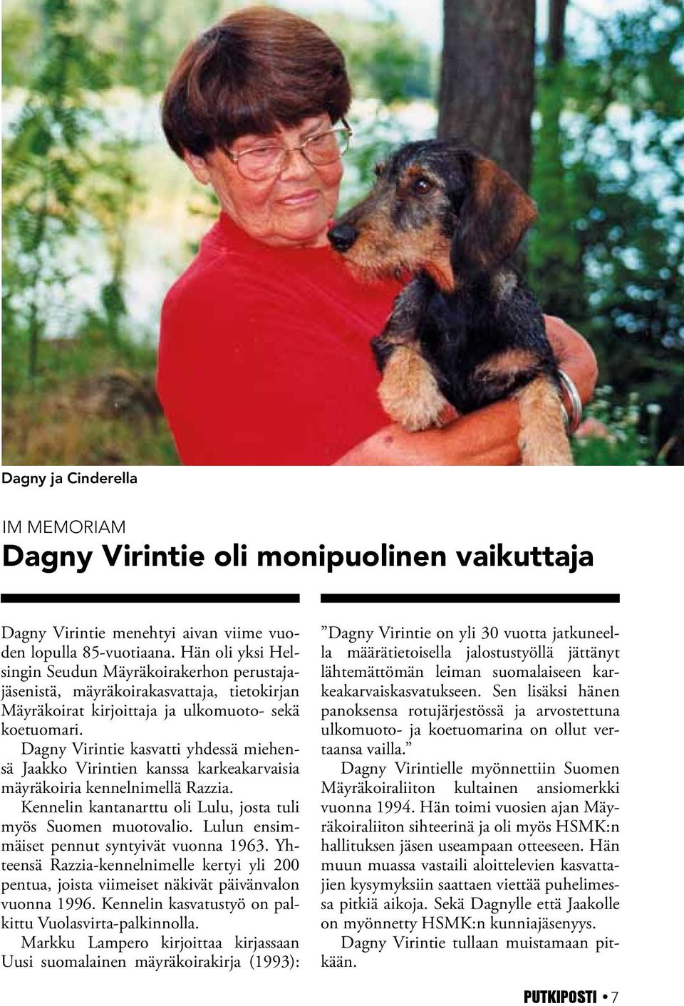 Dagny Virintie kasvatti yhdessä miehensä Jaakko Virintien kanssa karkeakarvaisia mäyräkoiria kennelnimellä Razzia. Kennelin kantanarttu oli Lulu, josta tuli myös Suomen muotovalio.