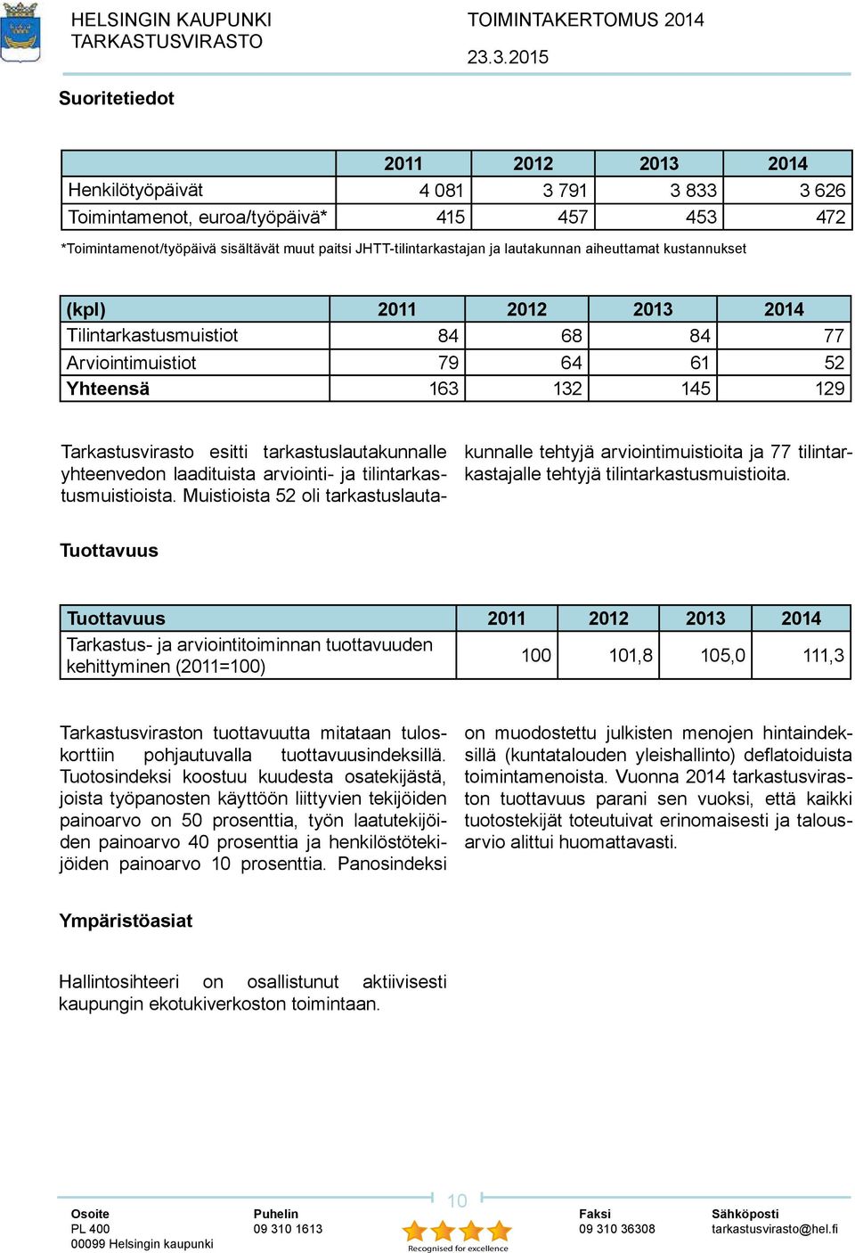 yhteenvedon laadituista arviointi- ja tilintarkastusmuistioista. Muistioista 52 oli tarkastuslautakunnalle tehtyjä arviointimuistioita ja 77 tilintarkastajalle tehtyjä tilintarkastusmuistioita.