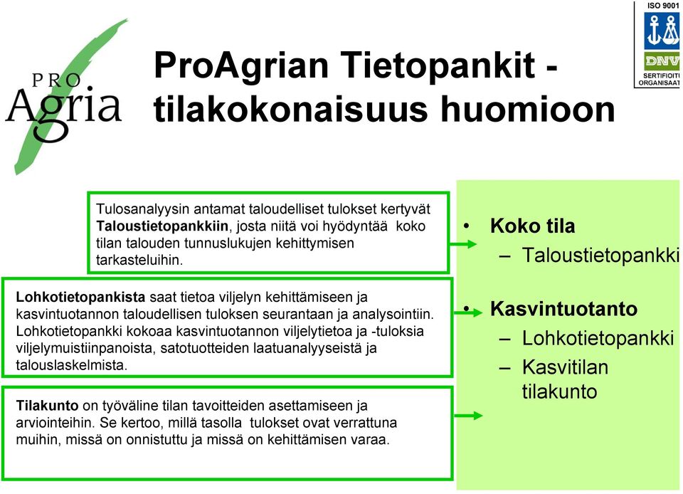 Lohkotietopankki kokoaa kasvintuotannon viljelytietoa ja -tuloksia viljelymuistiinpanoista, satotuotteiden laatuanalyyseistä ja talouslaskelmista.