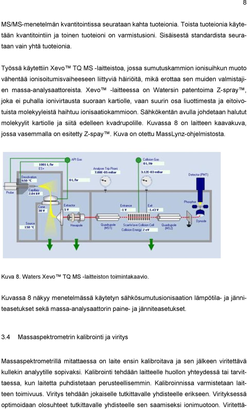 Xevo -laitteessa on Watersin patentoima Z-spray, joka ei puhalla ionivirtausta suoraan kartiolle, vaan suurin osa liuottimesta ja eitoivotuista molekyyleistä haihtuu ionisaatiokammioon.