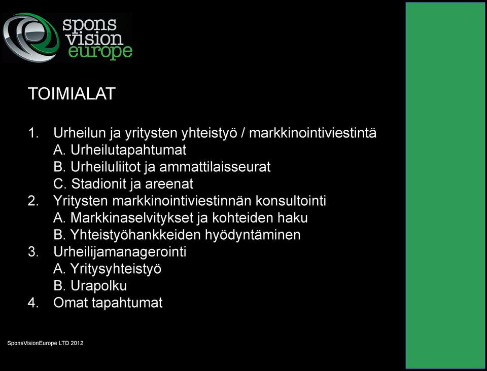 Yritysten markkinointiviestinnän konsultointi A. Markkinaselvitykset ja kohteiden haku B.