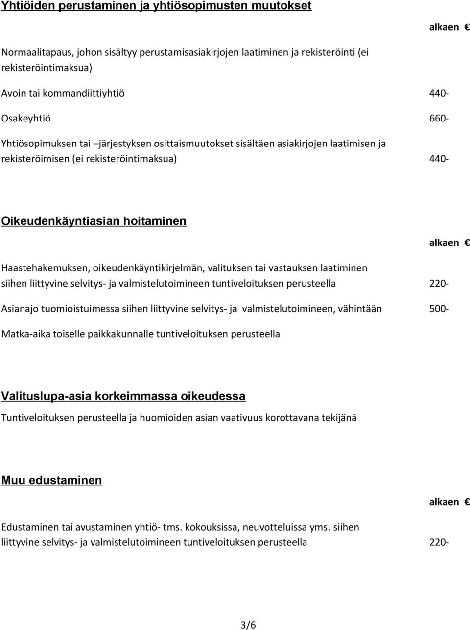 oikeudenkäyntikirjelmän, valituksen tai vastauksen laatiminen siihen liittyvine selvitys- ja valmistelutoimineen tuntiveloituksen perusteella 220- Asianajo tuomioistuimessa siihen liittyvine