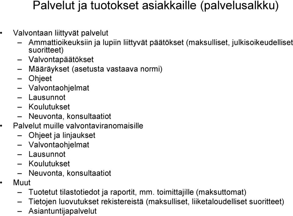 konsultaatiot Palvelut muille valvontaviranomaisille Ohjeet ja linjaukset Valvontaohjelmat Lausunnot Koulutukset Neuvonta, konsultaatiot Muut