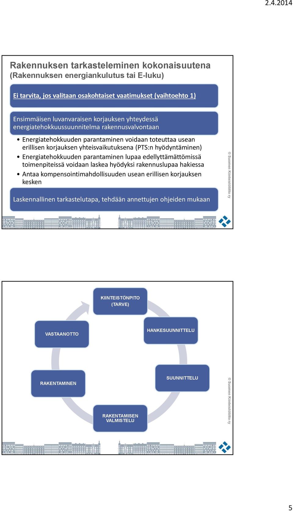 hyödyntäminen) Energiatehokkuuden parantaminen lupaa edellyttämättömissä toimenpiteissä voidaan laskea hyödyksi rakennuslupaa hakiessa Antaa kompensointimahdollisuuden usean