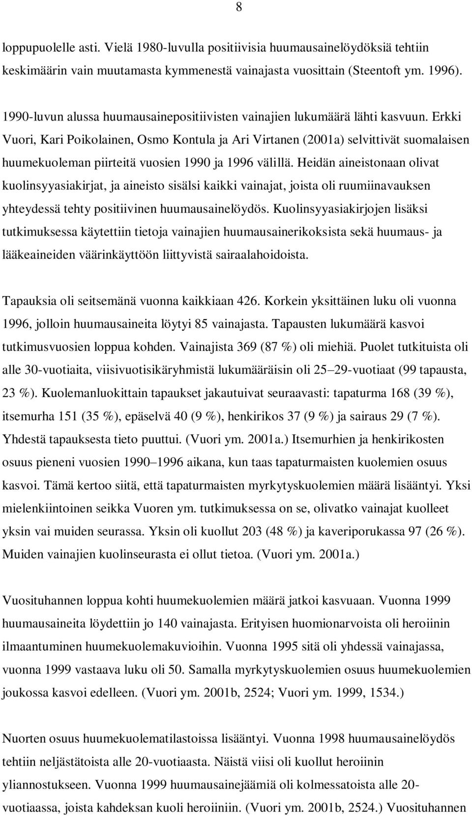 Erkki Vuori, Kari Poikolainen, Osmo Kontula ja Ari Virtanen (2001a) selvittivät suomalaisen huumekuoleman piirteitä vuosien 1990 ja 1996 välillä.