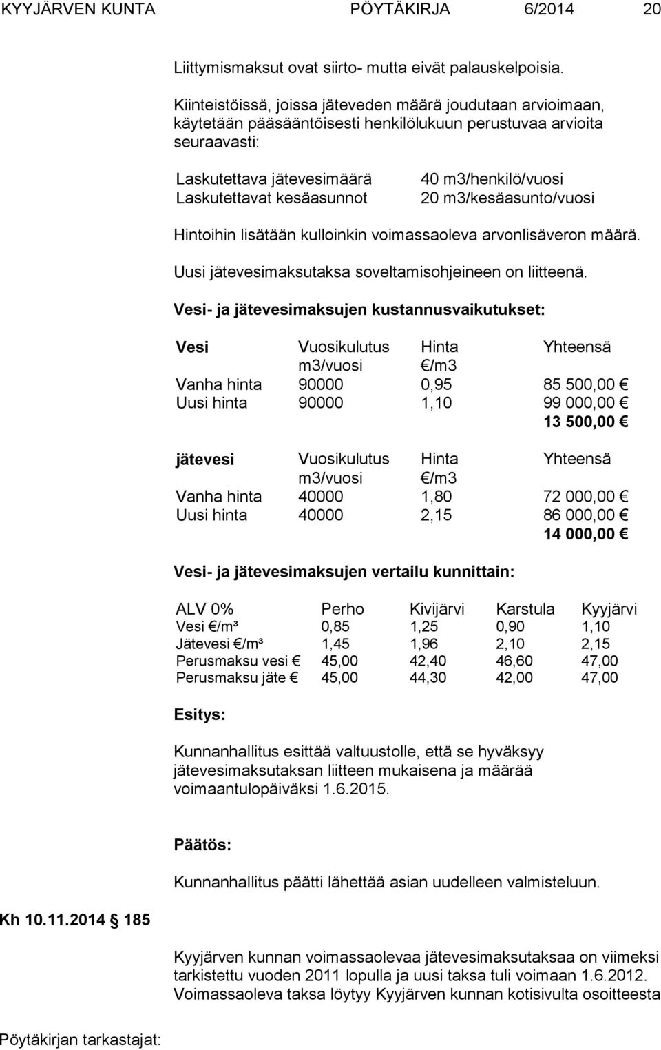 m3/henkilö/vuosi 20 m3/kesäasunto/vuosi Hintoihin lisätään kulloinkin voimassaoleva arvonlisäveron määrä. Uusi jätevesimaksutaksa soveltamisohjeineen on liitteenä.