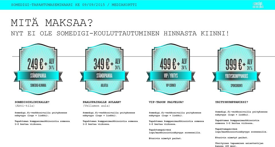 Tapahtuman kumppanimarkkinointia somessa 1 2 kertaa viikossa. Tapahtuman kumppanimarkkinointia somessa 1 2 kertaa viikossa. Tapahtuman kumppanimarkkinointia somessa 1 2 kertaa viikossa. Tapahtumapäivänä logo/markkinointinäkyvyys screeneillä.