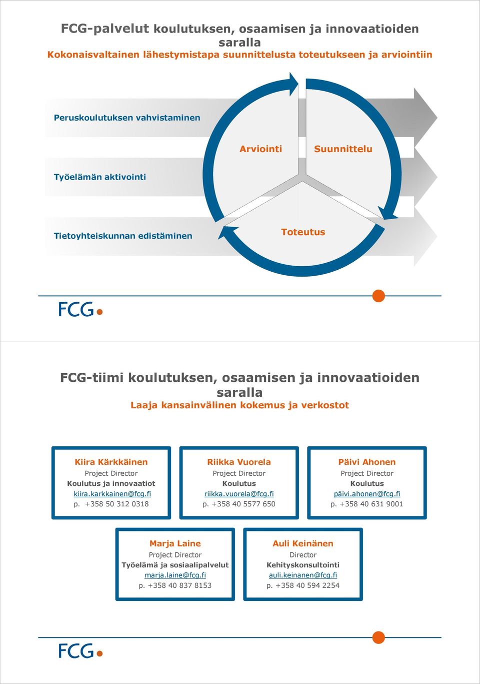 Koulutus ja innovaatiot kiira.karkkainen@fcg.fi p. +358 50 312 0318 Riikka Vuorela Project Director Koulutus riikka.vuorela@fcg.fi p. +358 40 5577 650 Päivi Ahonen Project Director Koulutus päivi.