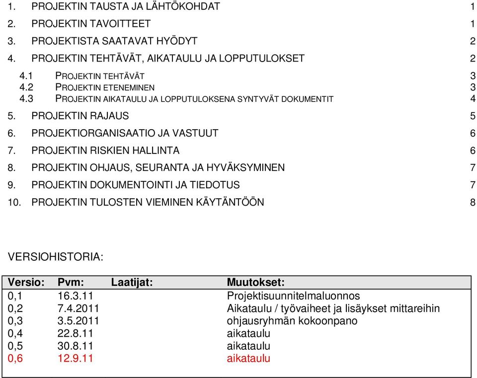 PROJEKTIN OHJAUS, SEURANTA JA HYVÄKSYMINEN 7 9. PROJEKTIN DOKUMENTOINTI JA TIEDOTUS 7 10.